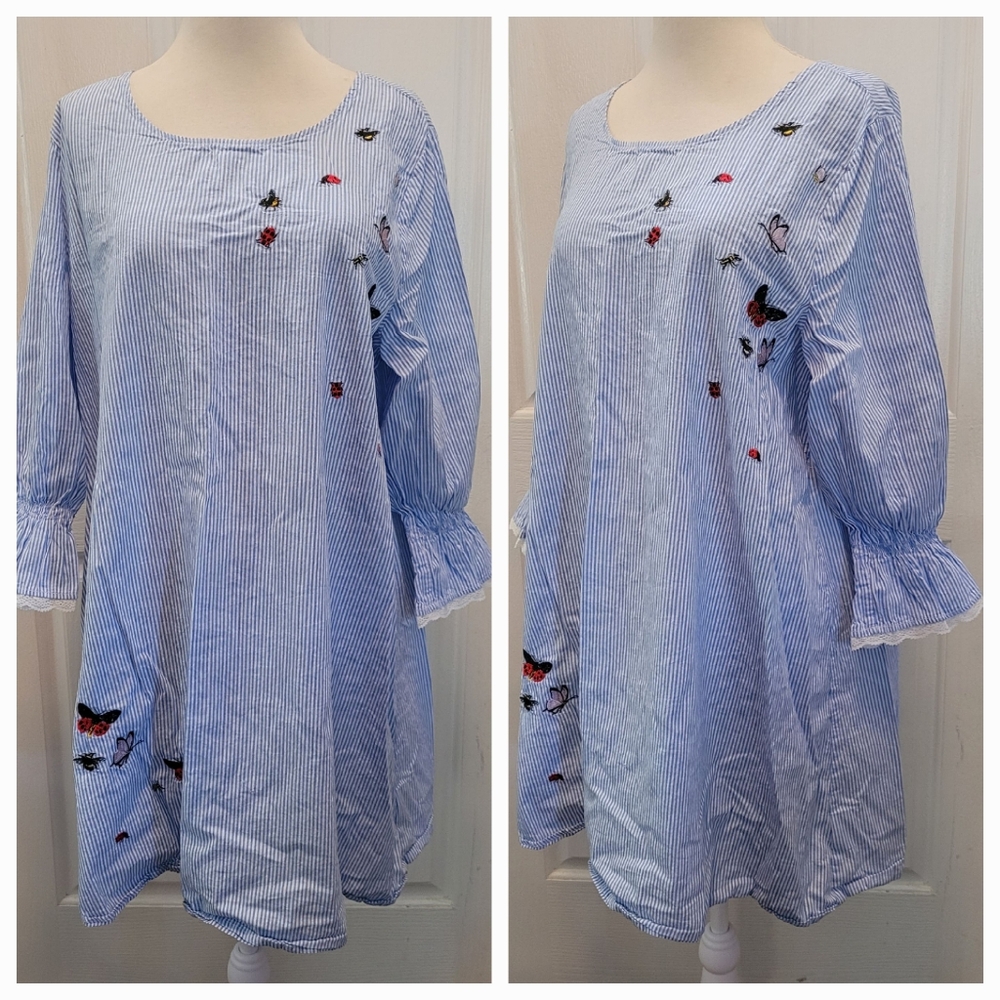 Women's Butterfly Top Blouse Tunic Large Bugs Garden Insects Blue White Striped